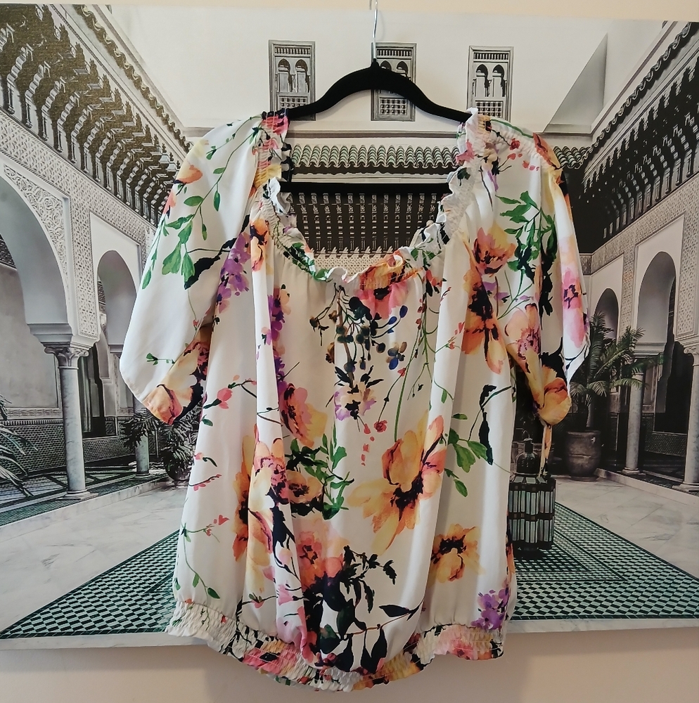 New York & Company Ruffled Off Shoulder Blouse in White and Pink